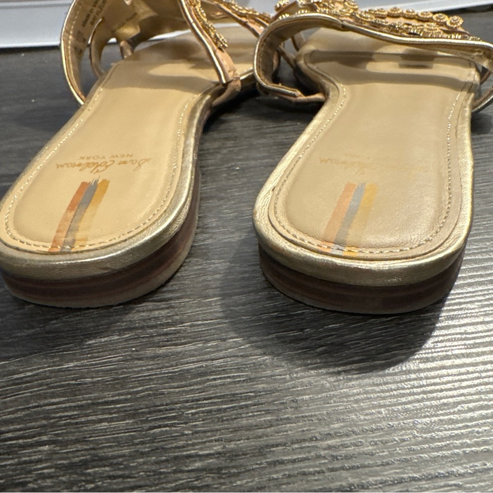 Sam Edelson Embellished Tan Slide Sandals with Gold Accents - Size 7.5 - Picture 4 of 6
